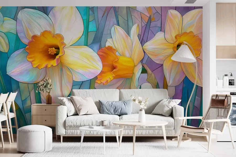 murales de pared Coloridos narcisos sobre un fondo de vidrieras azul-violeta w09092
