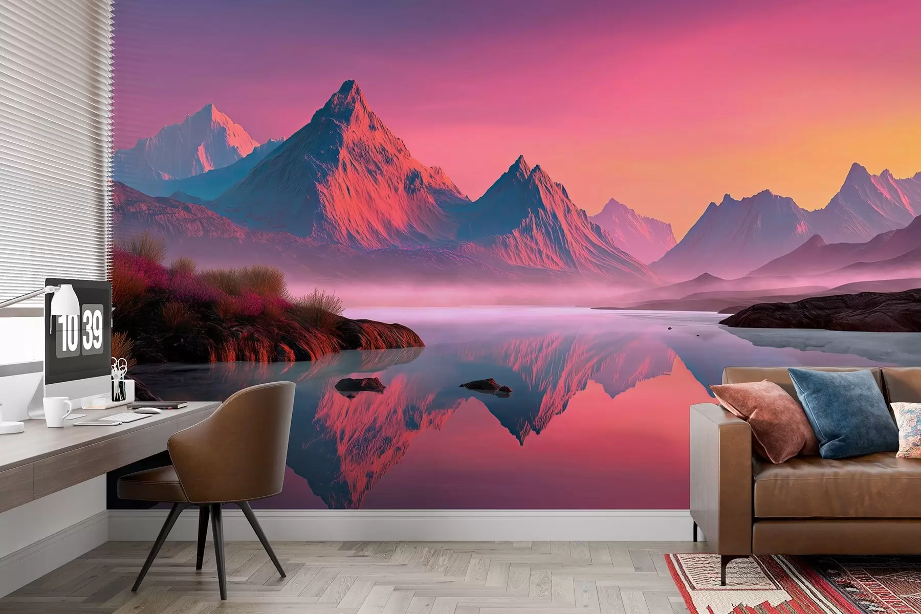 murales de pared Romántico paisaje al atardecer con un río y montañas en tonos rosados w09093