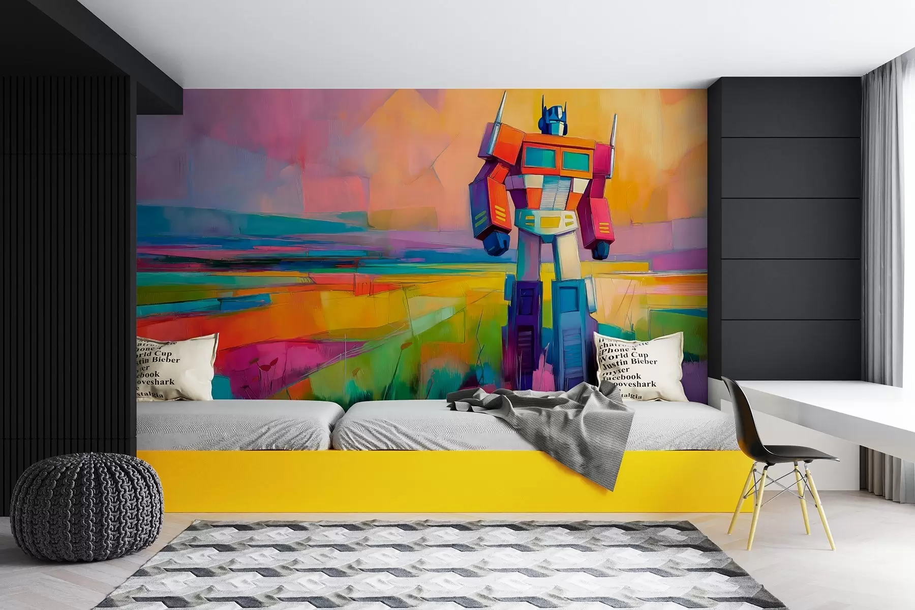 murales de pared Robot contra un paisaje abstracto brillante en estilo de pintura al óleo w09096
