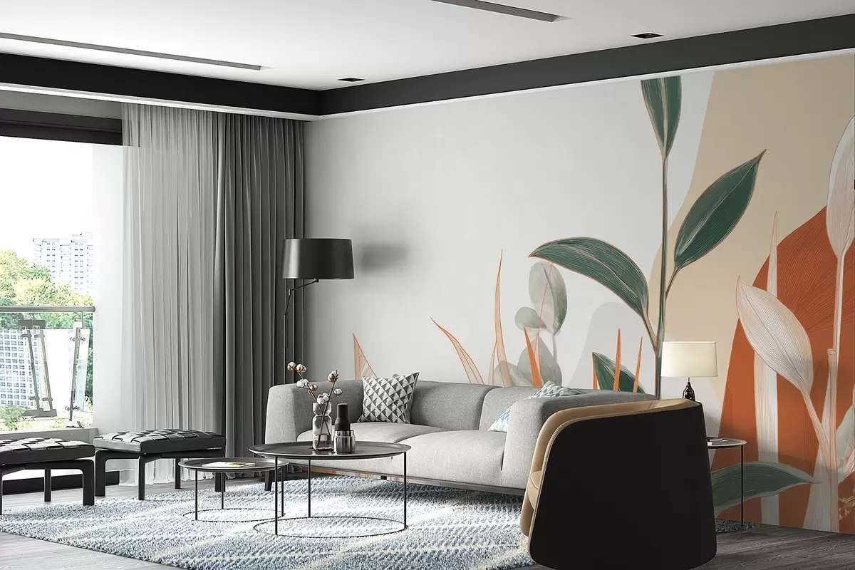 murales de pared Hojas en tonos beige y verde w09101