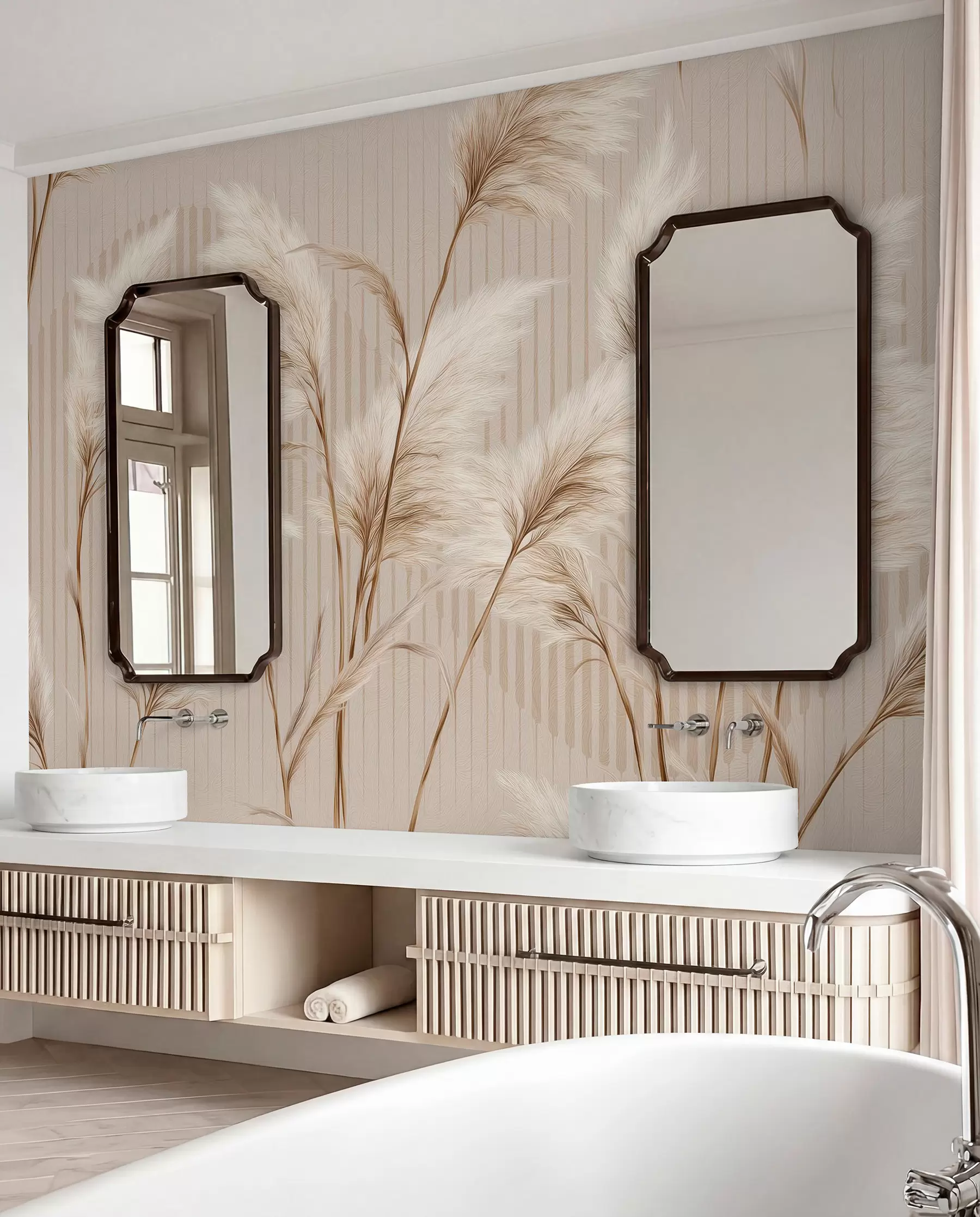 murales de pared Hierba de la Pampa sobre un fondo de líneas en tonos beige w09104