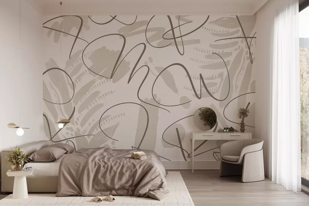 murales de pared Abstracción caligráfica con letras, pinceladas, color beige w03913