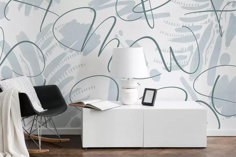 murales de pared Abstracción caligráfica con letras, pinceladas, color azul w03913v1