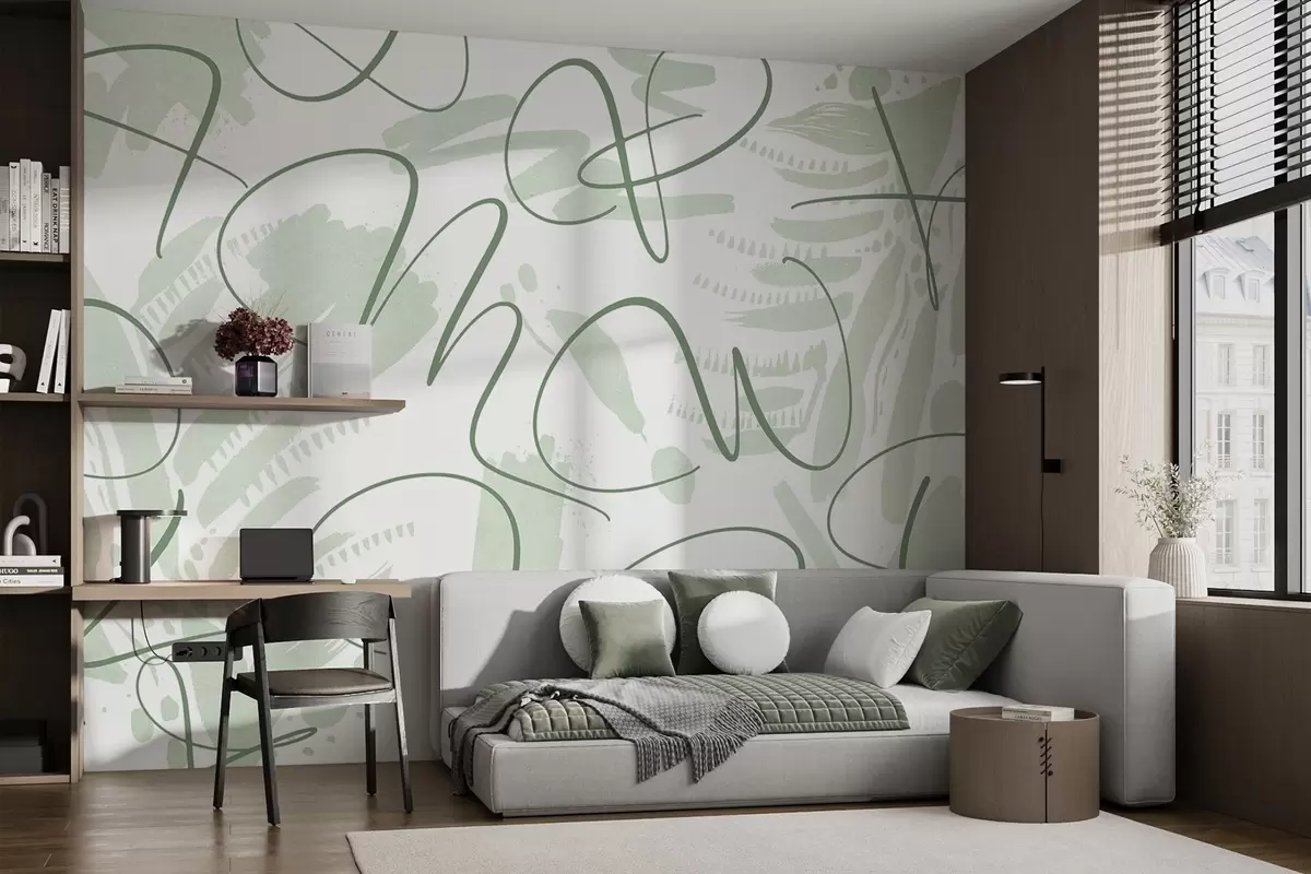 murales de pared Abstracción caligráfica con letras, pinceladas, color verde w03913v3
