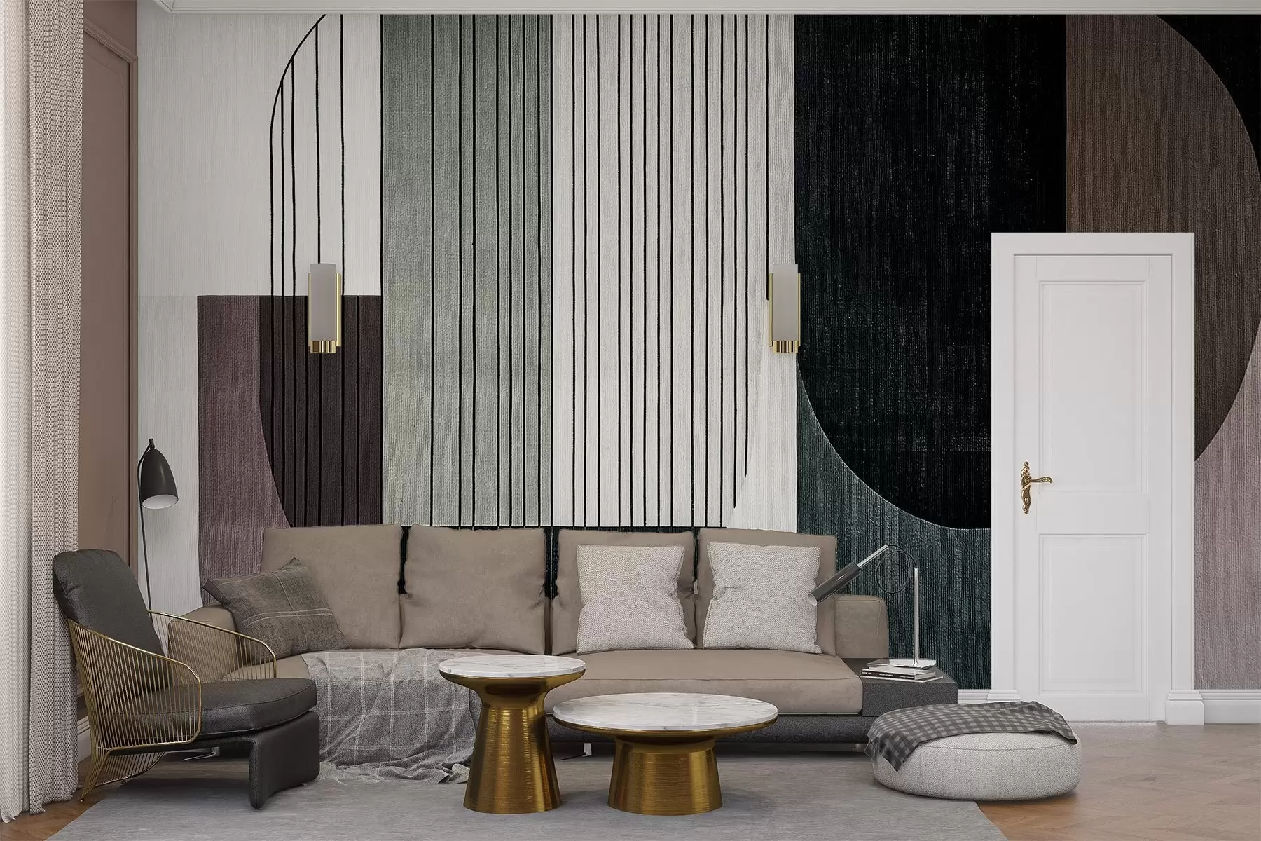 murales de pared moderna composición geométrica abstracta con formas superpuestas y patrones de líneas verticales, finas líneas que rellenan trapecios y óvalos, suave textura textil superpuesta, tonos cálidos apagados como verde oliva, topo, beige y carbón, sutiles efectos de transparencia entre las formas w03937v1