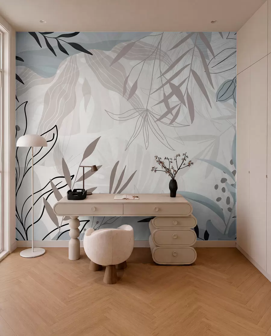 murales de pared Diseño floral abstracto moderno con hojas de color beige pastel, gris, azul y negro, delicado arte lineal y fondo suave w09105