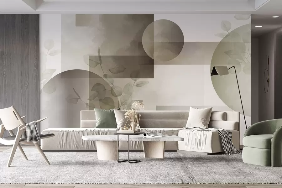 murales de pared Diseño geométrico minimalista moderno abstracto con círculos y rectángulos, hojas de eucalipto, efecto acuarela w09110v1