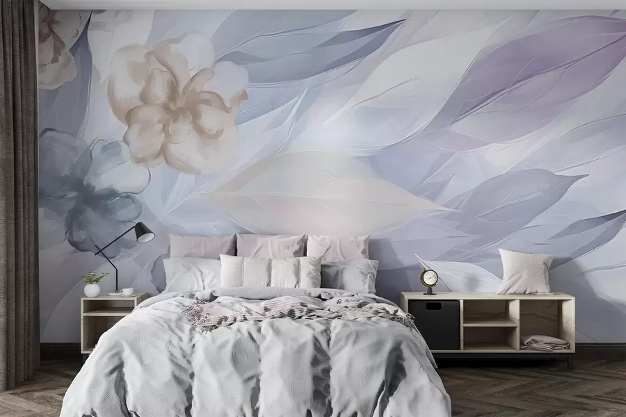 murales de pared Delicadas flores y hojas en tonos blancos, azules, púrpuras y beige fondo floral , colores suaves, delicados pétalos w09111