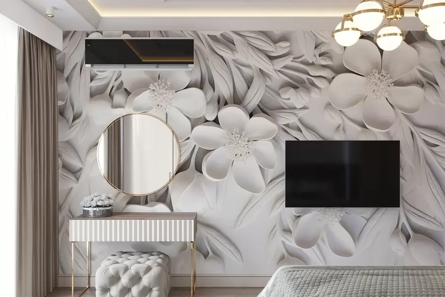 murales de pared Flores blancas y hojas en un fondo blanco, floral elegante, diseño decorativo, detalles intrincados w09113