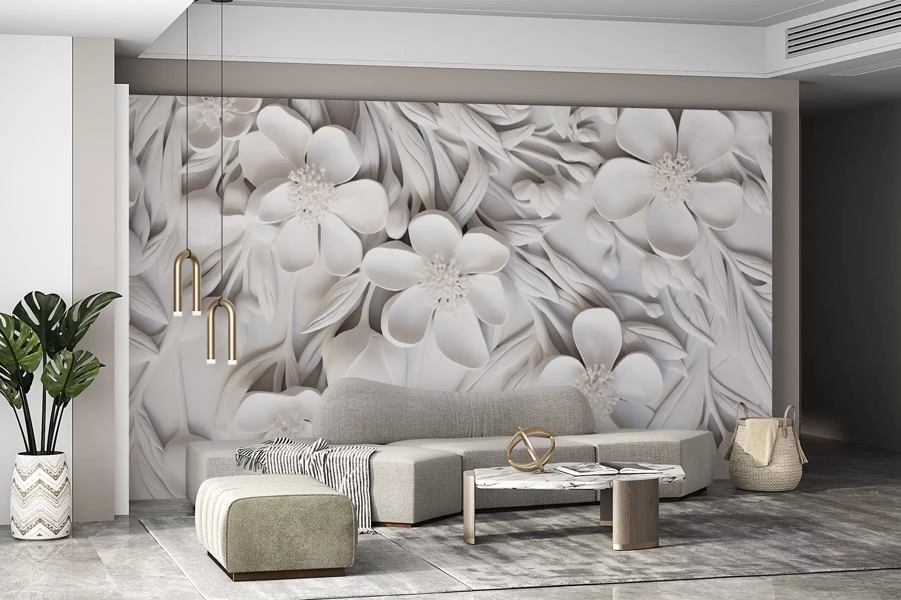 murales de pared Flores blancas y hojas en un fondo blanco, floral elegante, diseño decorativo, detalles intrincados w09113