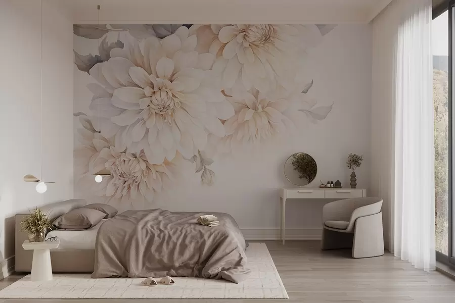murales de pared Dalias pastel con pétalos suaves y delicados de color melocotón y blanco claro en estilo acuarela, fondo suave w09115