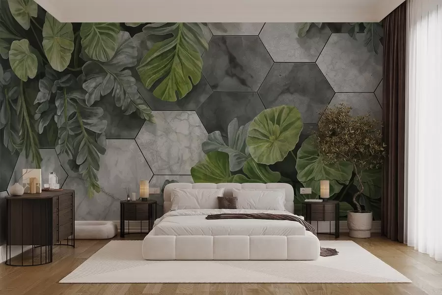 murales de pared Hojas verdes tropicales y plantas sobre un fondo de azulejos grises y blancos con textura, exuberante follaje diseño moderno w09117