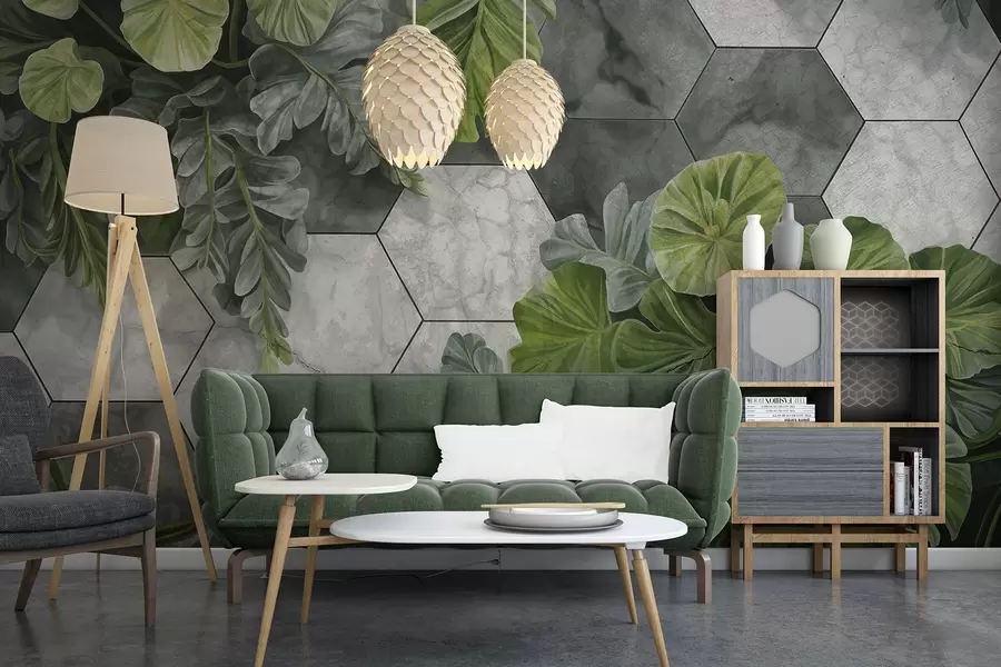 murales de pared Hojas verdes tropicales y plantas sobre un fondo de azulejos grises y blancos con textura, exuberante follaje diseño moderno w09117
