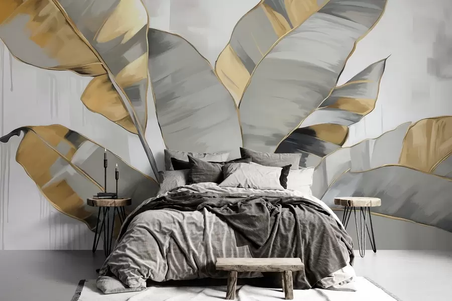 murales de pared Plátano tropical con textura de hojas en tonos grises y amarillos, estilo moderno, fondo neutro, cuadro decorativo w09118