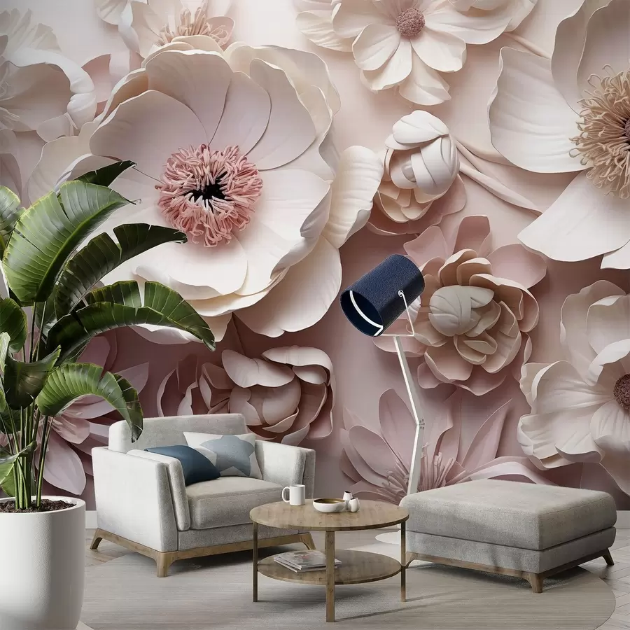 murales de pared Composición floral volumétrica con delicados pétalos de papel o de inspiración textil en tonos marfil, vainilla y rubor, sobre un cálido lienzo beige. w03945v1