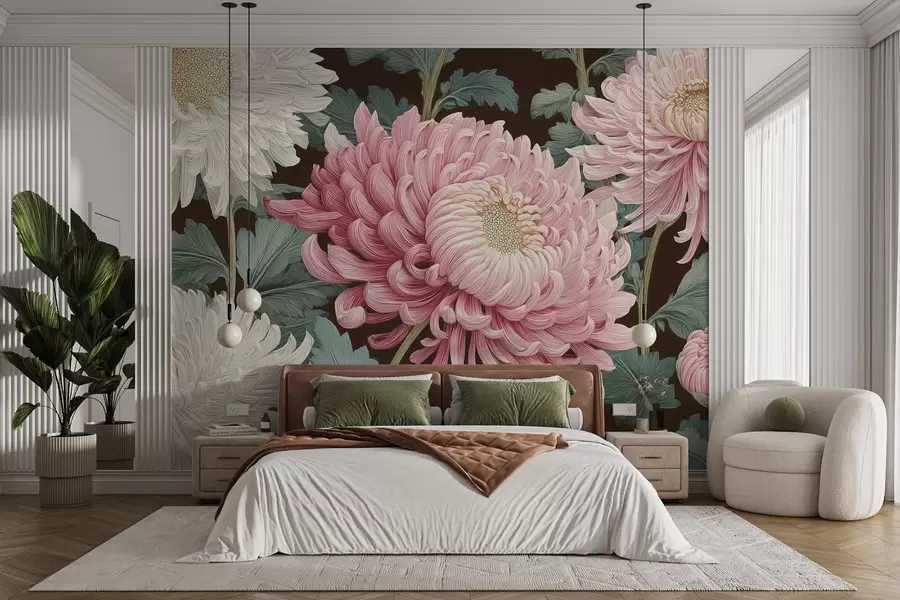 murales de pared Grandes orquídeas rosas y blancas con hojas sobre fondo oscuro w09125