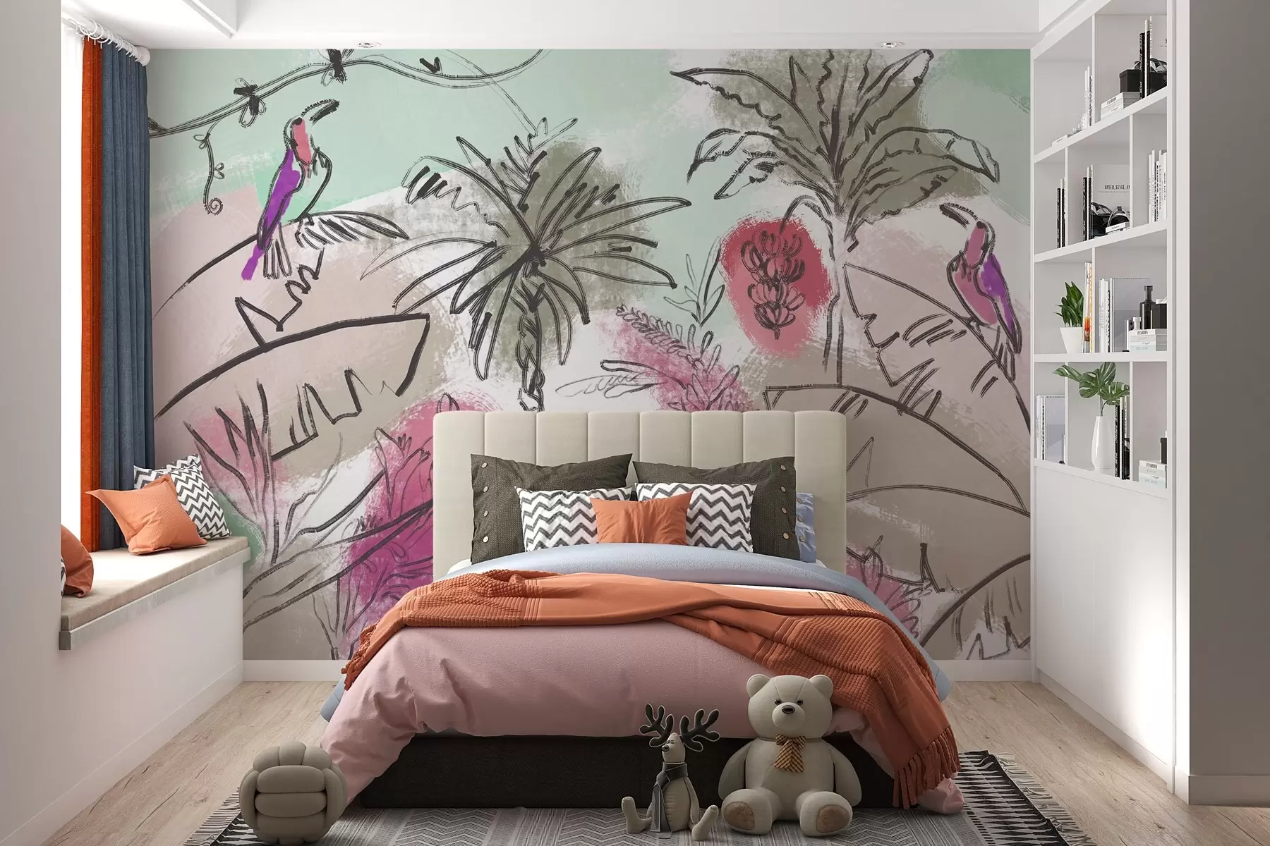 murales de pared Estampado tropical con flores rosas y loros exóticos w04019v1