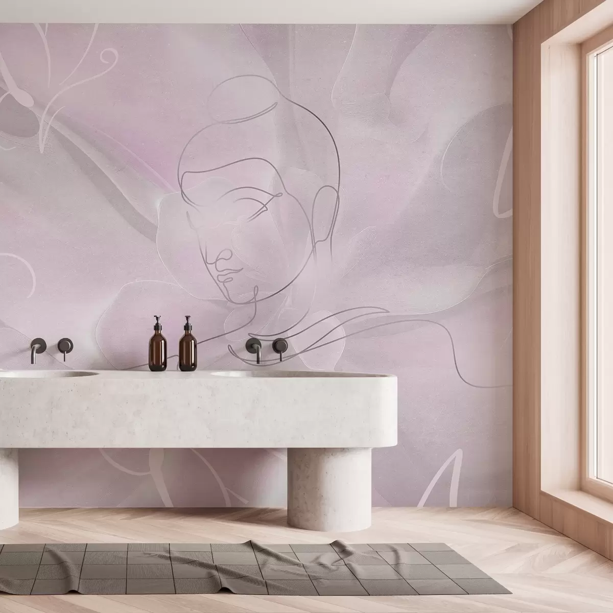 murales de pared Abstracción floral con dibujo lineal de Buda, colores rosas w04004v2