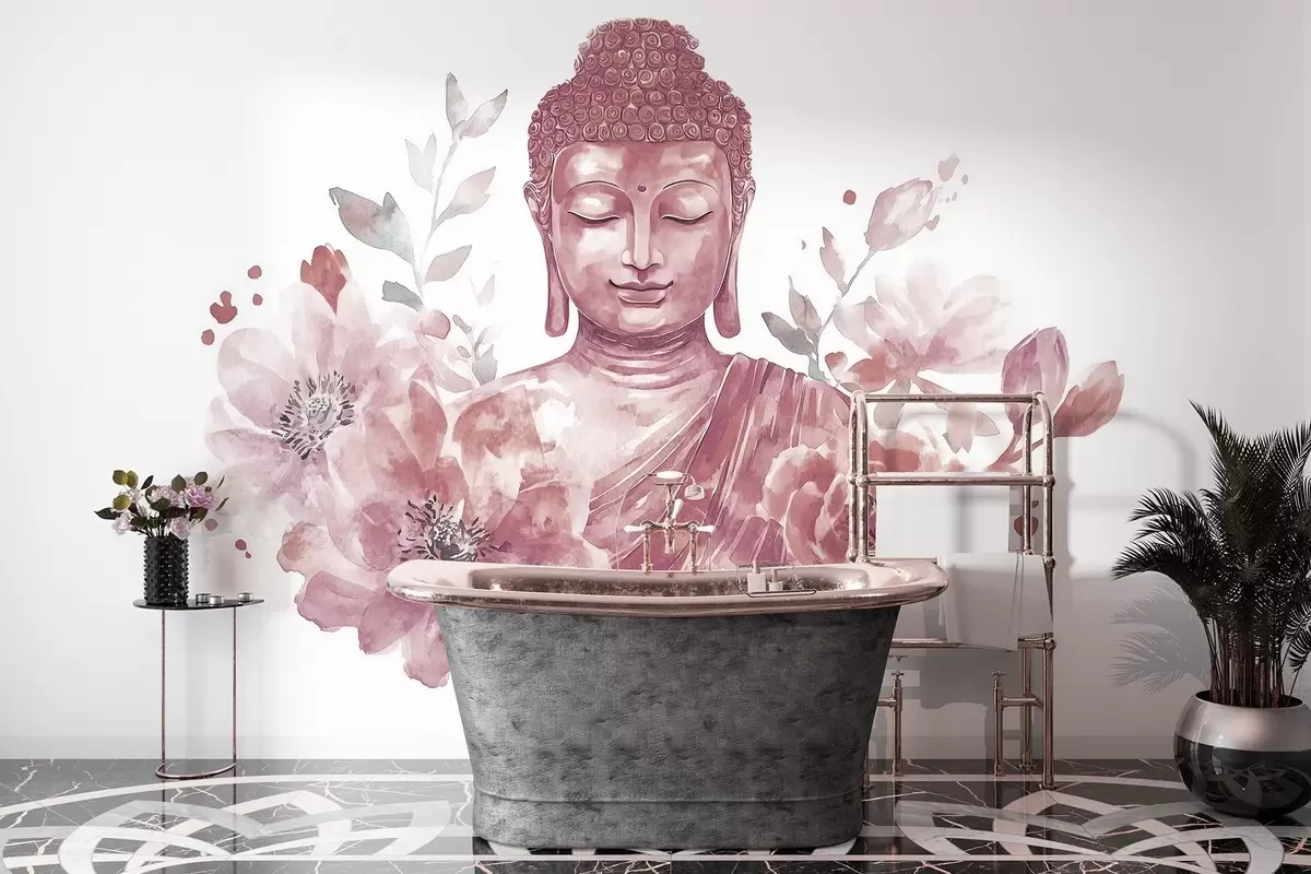 murales de pared Buda de acuarela con flores, espiritual, paleta de color burdeos w04005v2