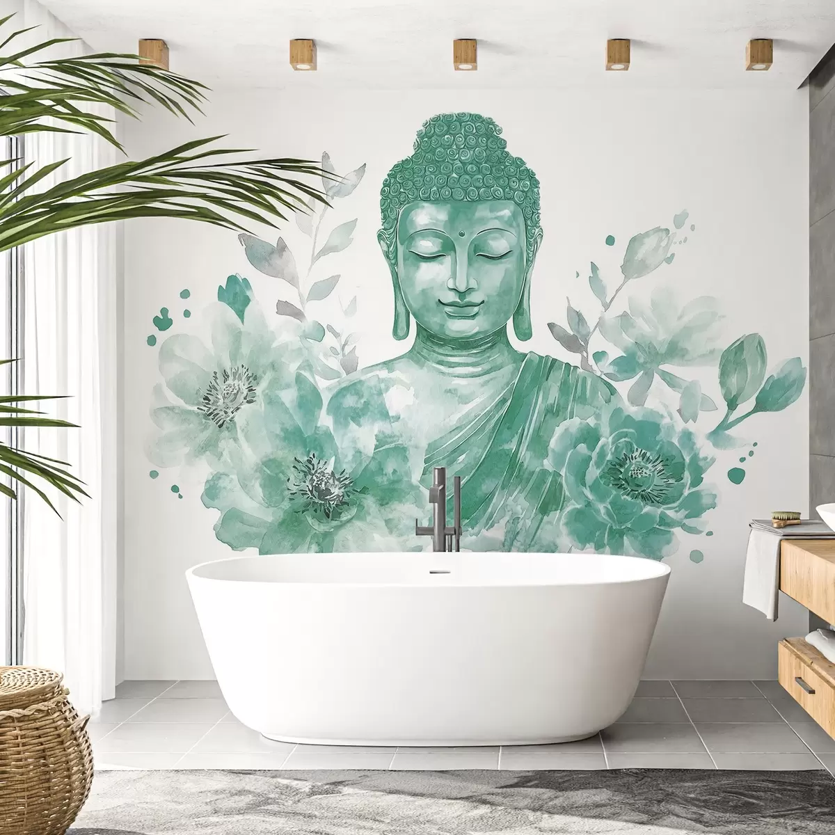 murales de pared Buda de acuarela con flores, espiritual, paleta de color verde w04005v3