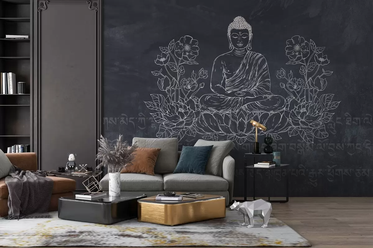 murales de pared Buda meditando con flores de loto, arte lineal, oriental, fondo oscuro w04008