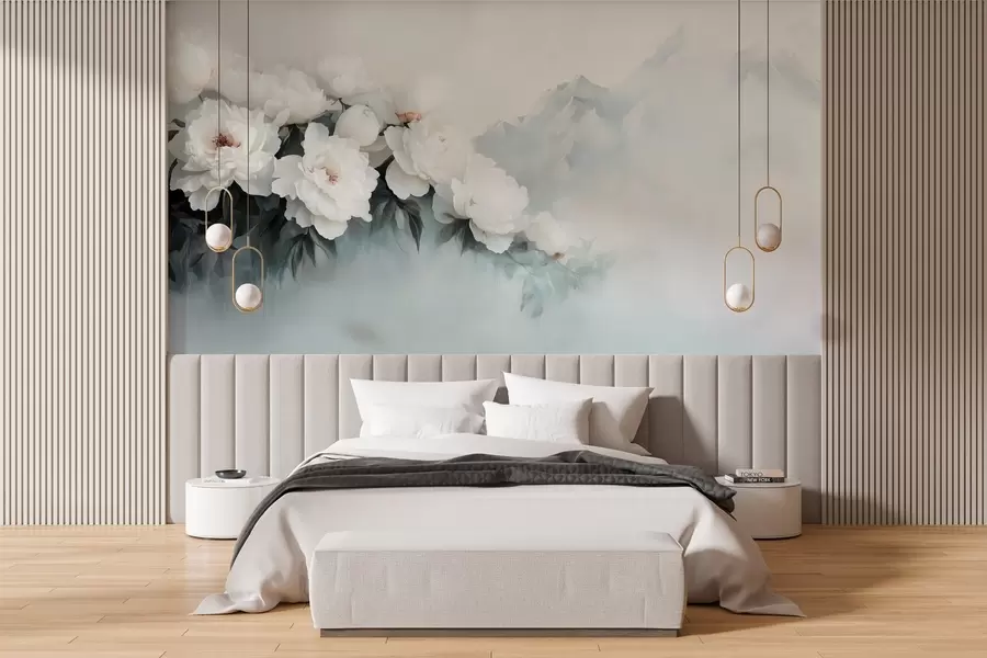 murales de pared pintorescas y exuberantes peonías blancas con las montañas neblinosas como telón de fondo w03965