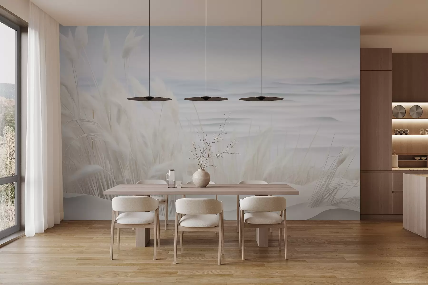 murales de pared Paisaje con hierba de pampa blanca sobre una duna de arena, con un océano azul claro de fondo, estilo suave y minimalista w09132