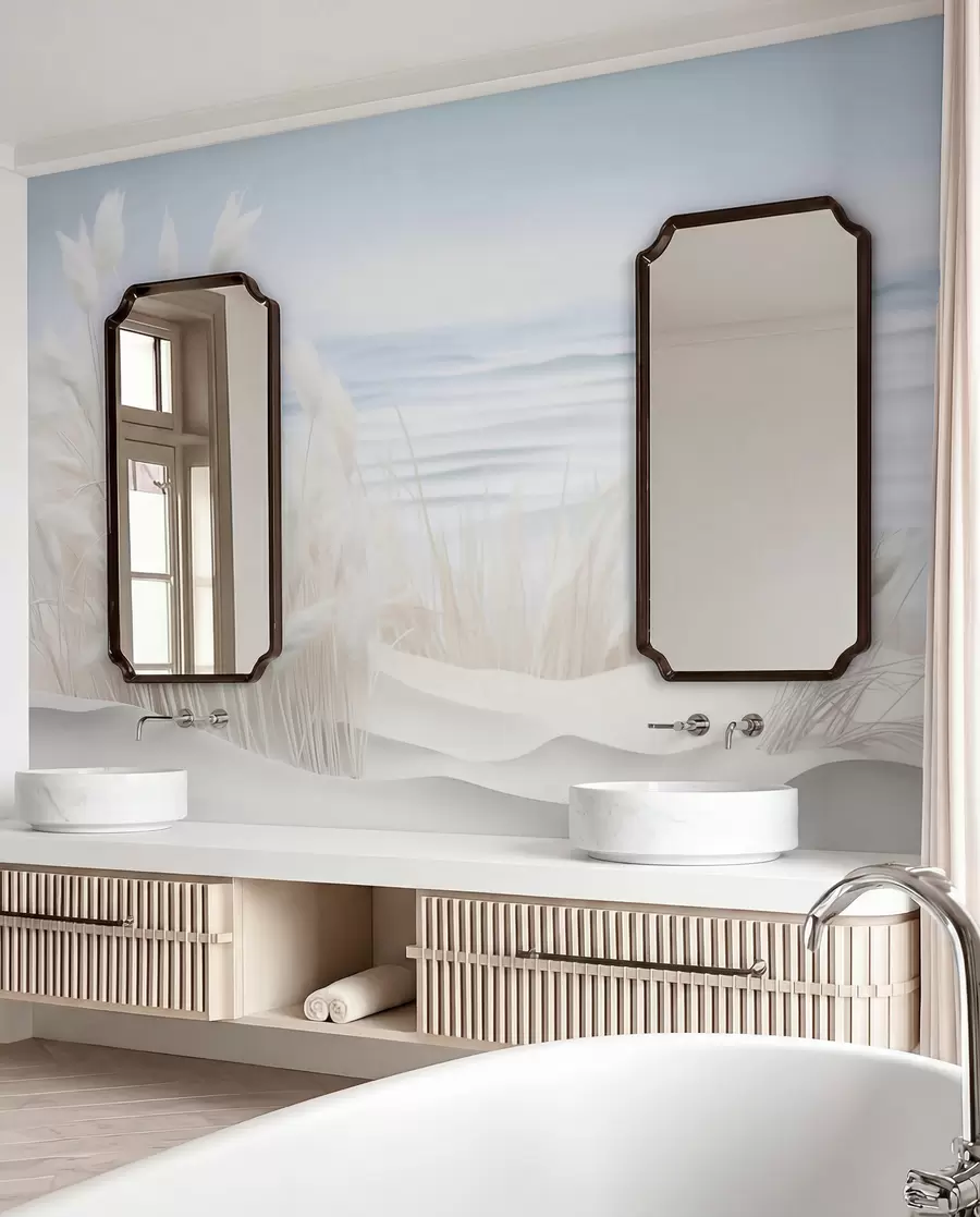 murales de pared Paisaje con hierba de pampa blanca sobre una duna de arena, con un océano azul claro de fondo, estilo suave y minimalista w09132