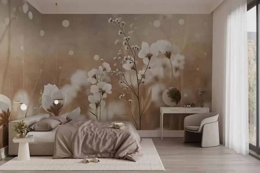 murales de pared Flores blancas con tallos y hojas marrones en un campo, efecto bokeh, paleta de colores cálidos, elegante obra de arte inspirada en la naturaleza w09135