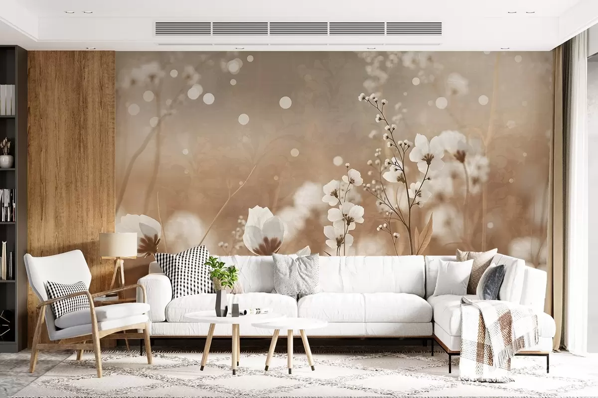 murales de pared Flores blancas con tallos y hojas marrones en un campo, efecto bokeh, paleta de colores cálidos, elegante obra de arte inspirada en la naturaleza w09135