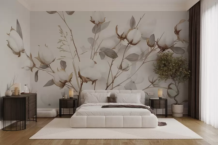 murales de pared Flores de algodón con tallos y hojas en una paleta de color marrón claro, fondo beige, suave y delicado, estilo acuarela w09141