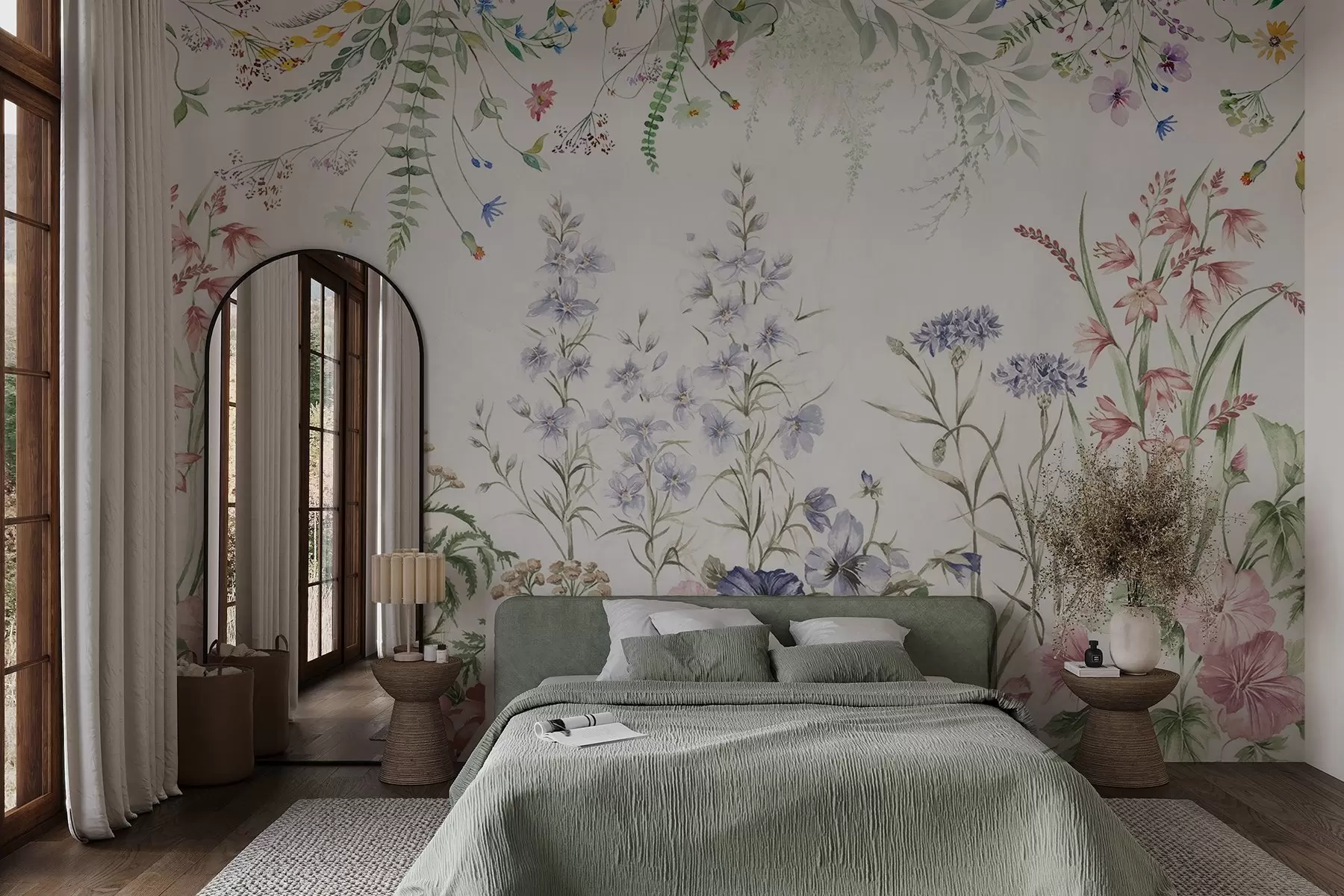 murales de pared Arreglo floral de textura con flores de colores y hojas verdes, ilustración botánica , colores pastel suaves, estilo vintage w09143