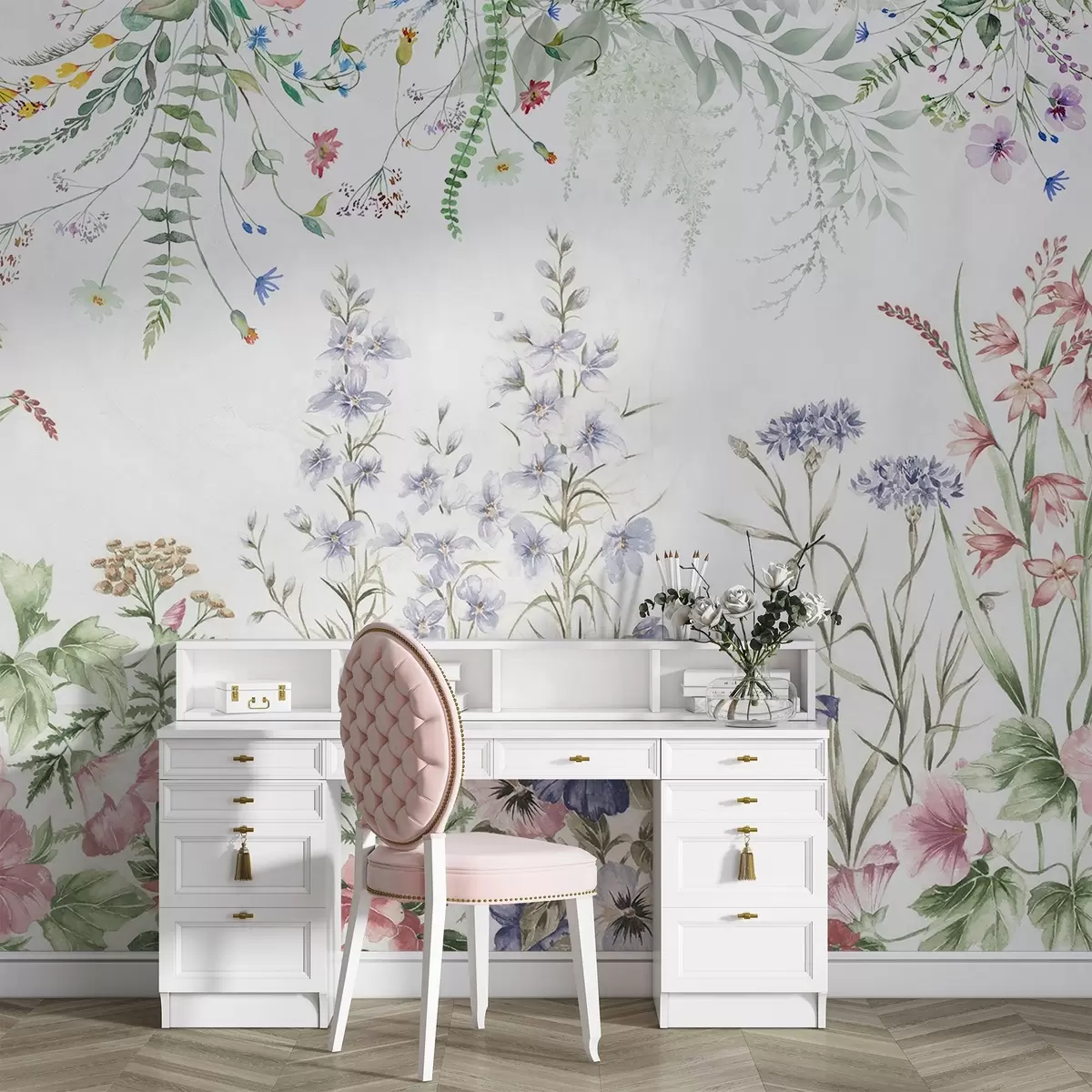 murales de pared Arreglo floral de textura con flores de colores y hojas verdes, ilustración botánica , colores pastel suaves, estilo vintage w09143