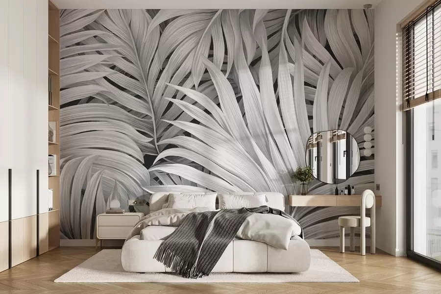 murales de pared Hojas de palmera tropical con textura monocromática, creando un estampado tropical y botánico w09145