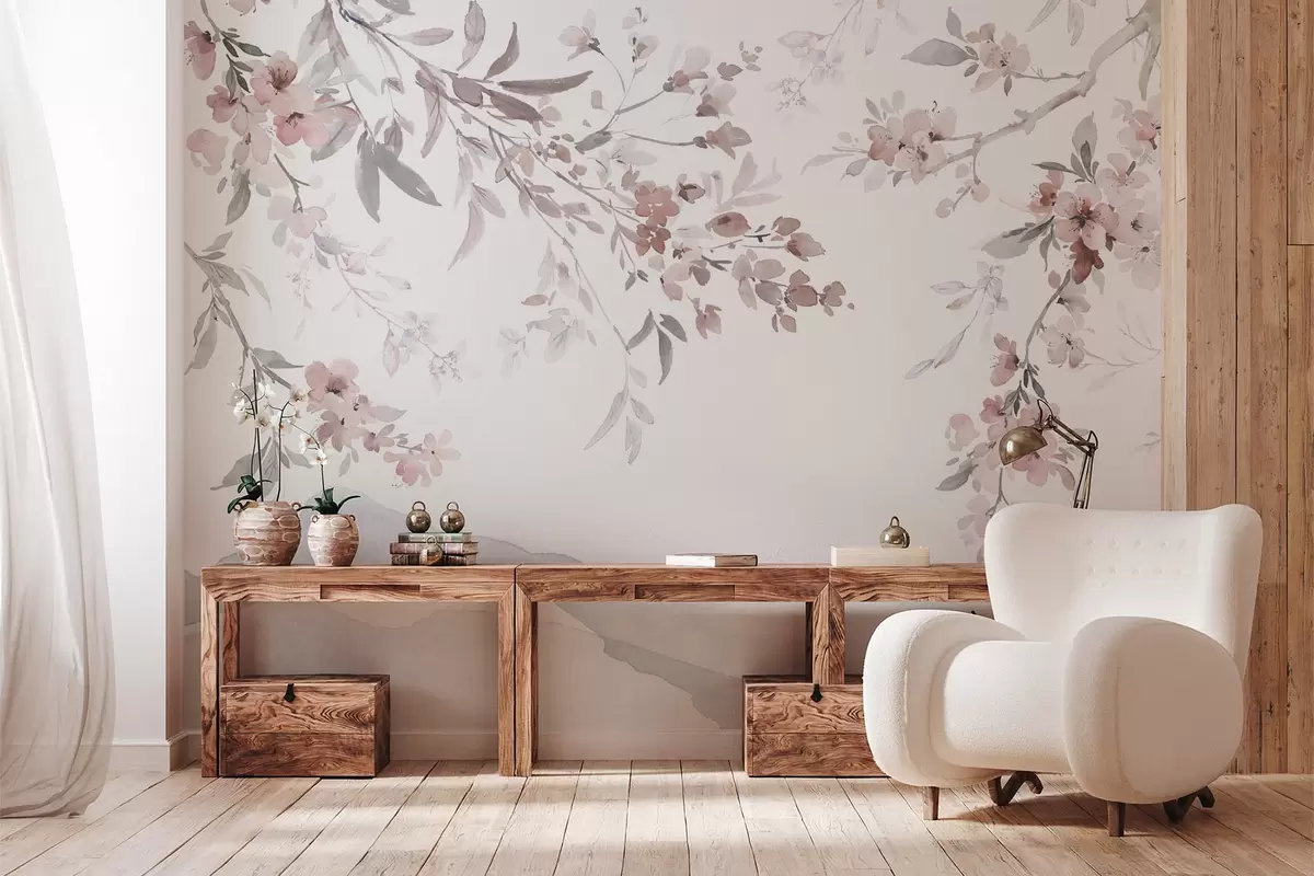 murales de pared Ramas en flor, imitación de acuarela w03935