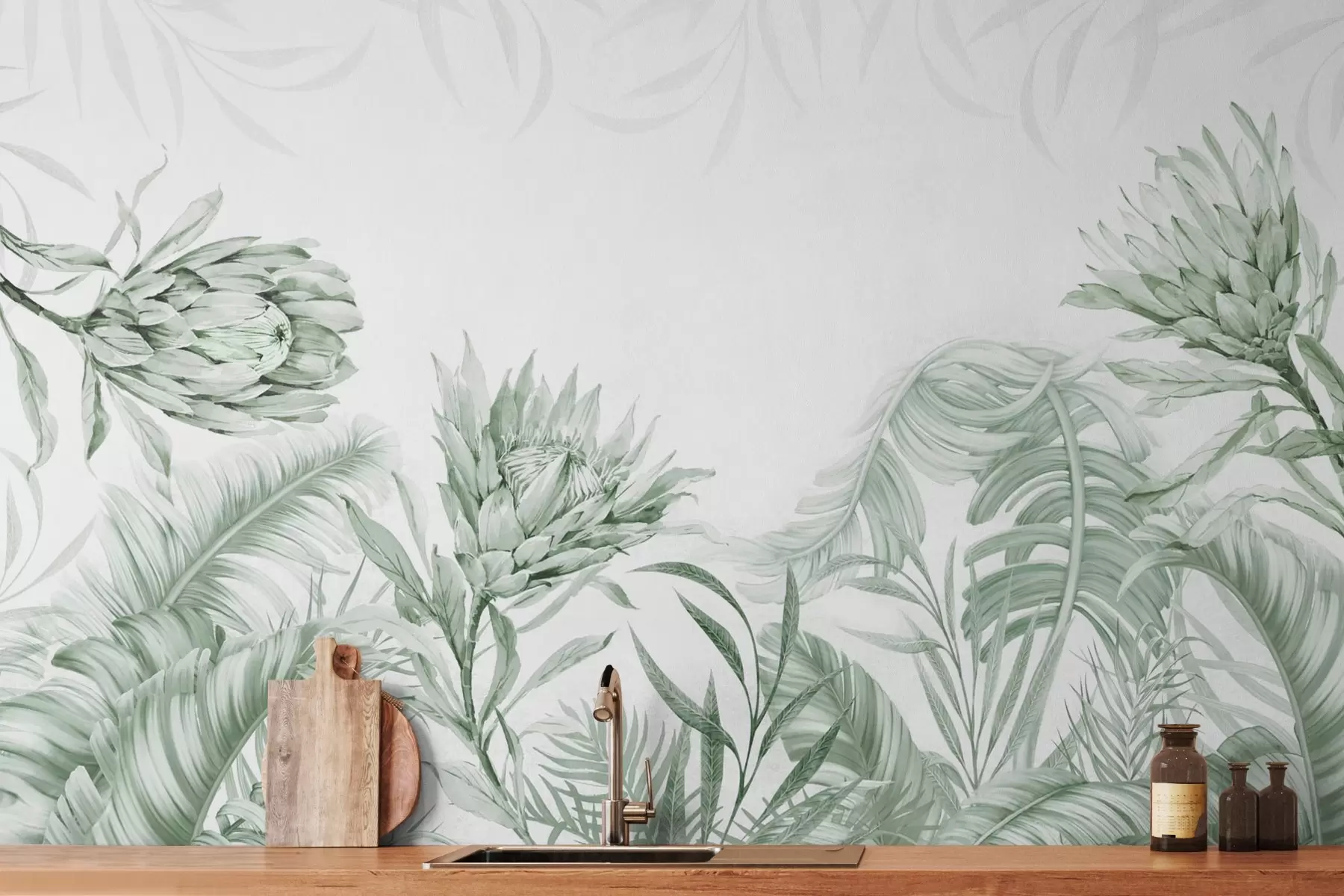murales de pared Protea entre hojas tropicales, tonos azules w03952v3