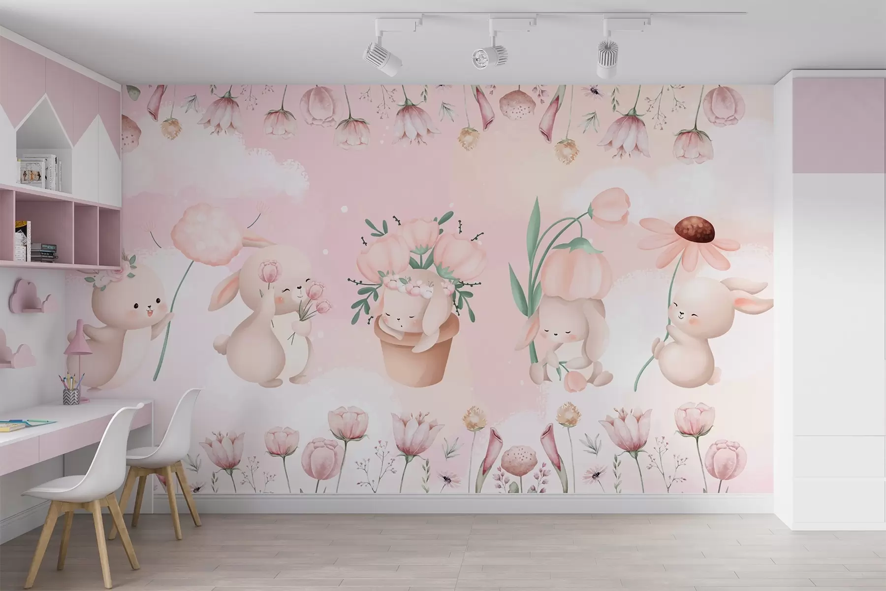 murales de pared Conejitos en flores w04063