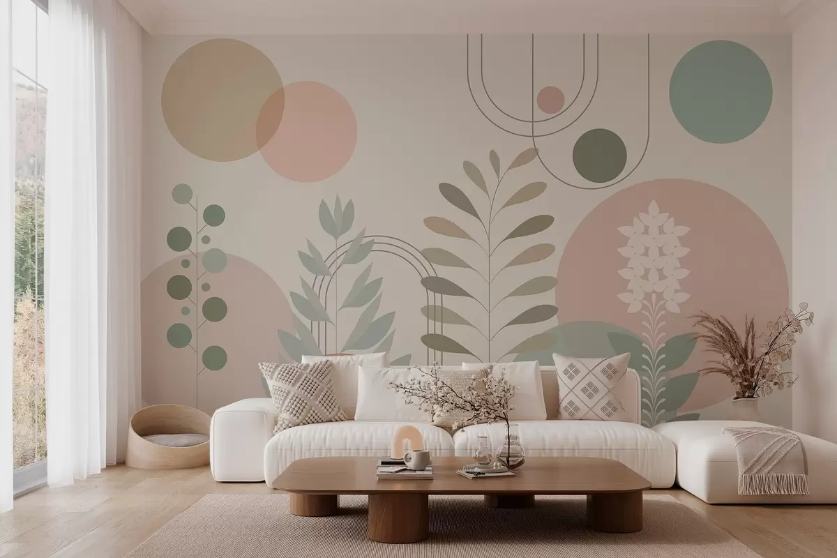 murales de pared abstracción geométrica con círculos y plantas estilizadas sobre fondo crema w04070