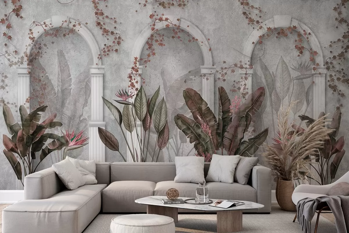 murales de pared Muro de hormigón con arcos y plantas tropicales, florales, colores burdeos w04065v1