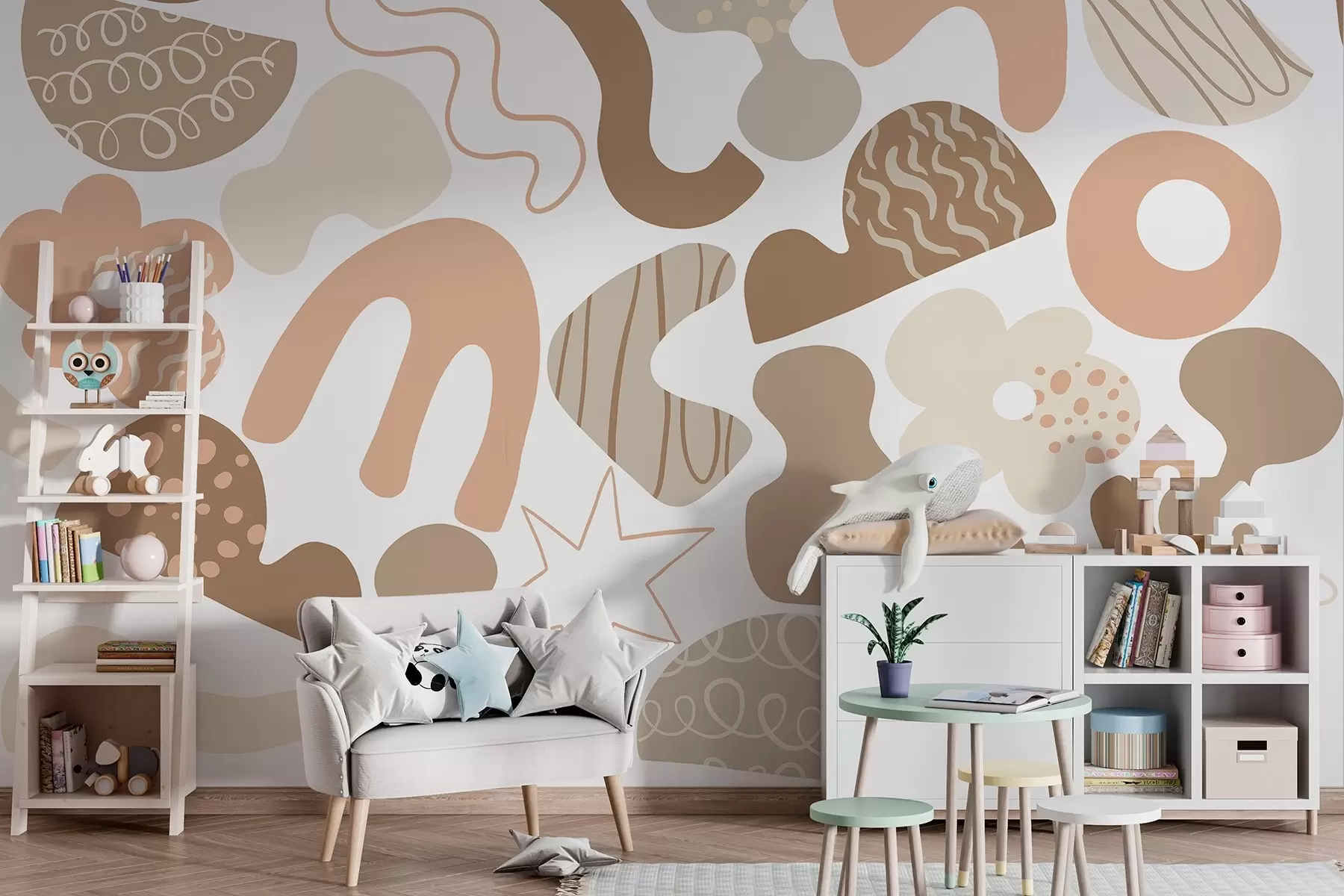 murales de pared Dibujo de figuras geométricas con garabatos, juvenil, paleta de colores beige w04068