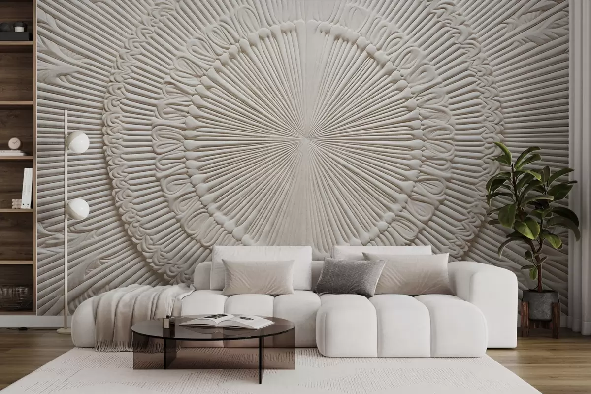 murales de pared Estampado circular abstracto texturizado con líneas radiales y elementos decorativos, diseño simétrico, textura en relieve w09154
