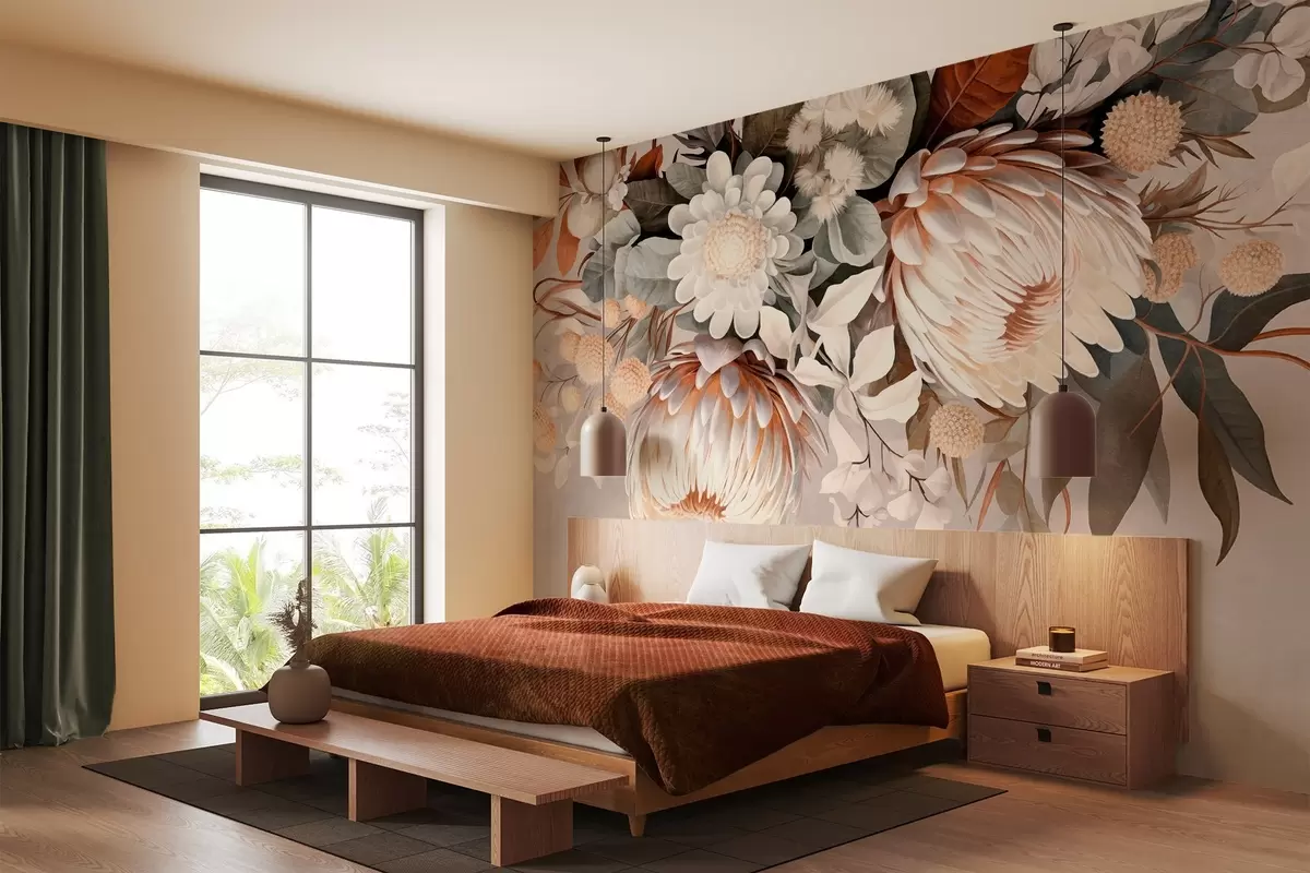 murales de pared Gran protea texturizada con toques marrones, margaritas blancas y flores amarillas, fondo beige apagado w09157
