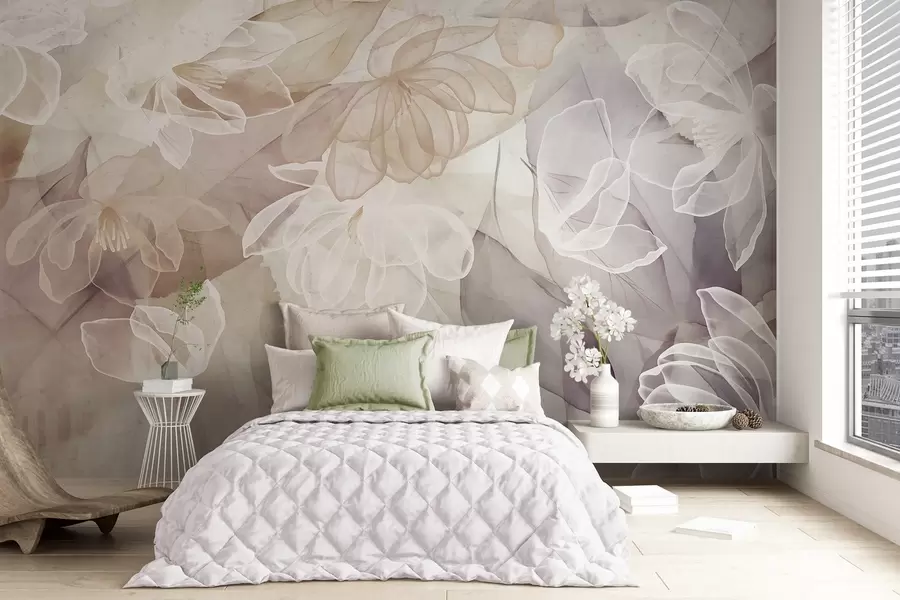 murales de pared Flores y hojas con pétalos transparentes en tonos blancos, beige y morados, suaves y delicados w09158
