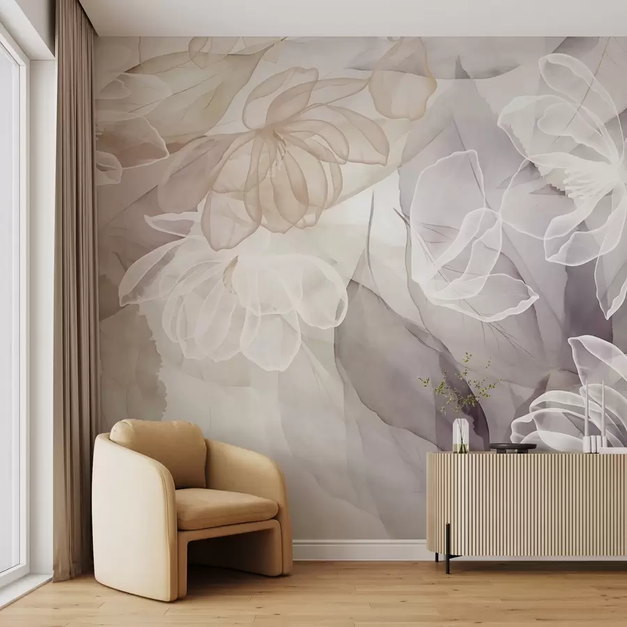 murales de pared Flores y hojas con pétalos transparentes en tonos blancos, beige y morados, suaves y delicados w09158