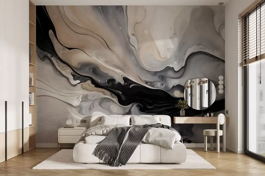 murales de pared Pintura abstracta de textura fluida en tonos negros, blancos, grises y beige imitación mármol w09160