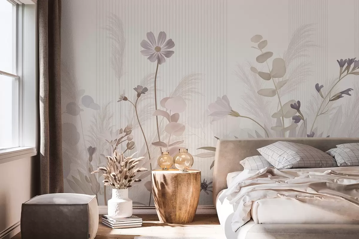 murales de pared Flores en colores pastel, hojas marrón claro, fondo blanco con líneas verticales, elegante y minimalista w09161