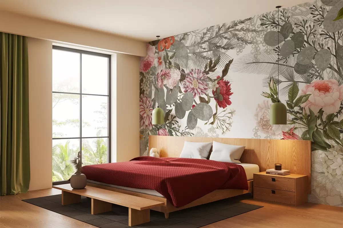 murales de pared Arreglo floral vintage con rosas, eucalipto y mimosa en tonos verde apagado, rojo y rosa w09164v1