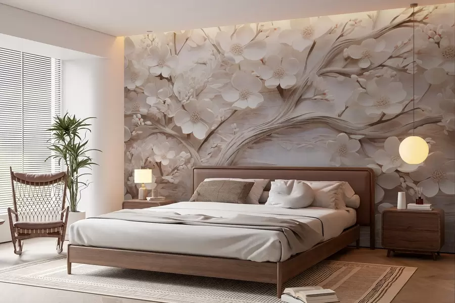 murales de pared Árbol texturizado con flores blancas y tronco marrón, el fondo es blanco con líneas horizontales iluminación suave w09166