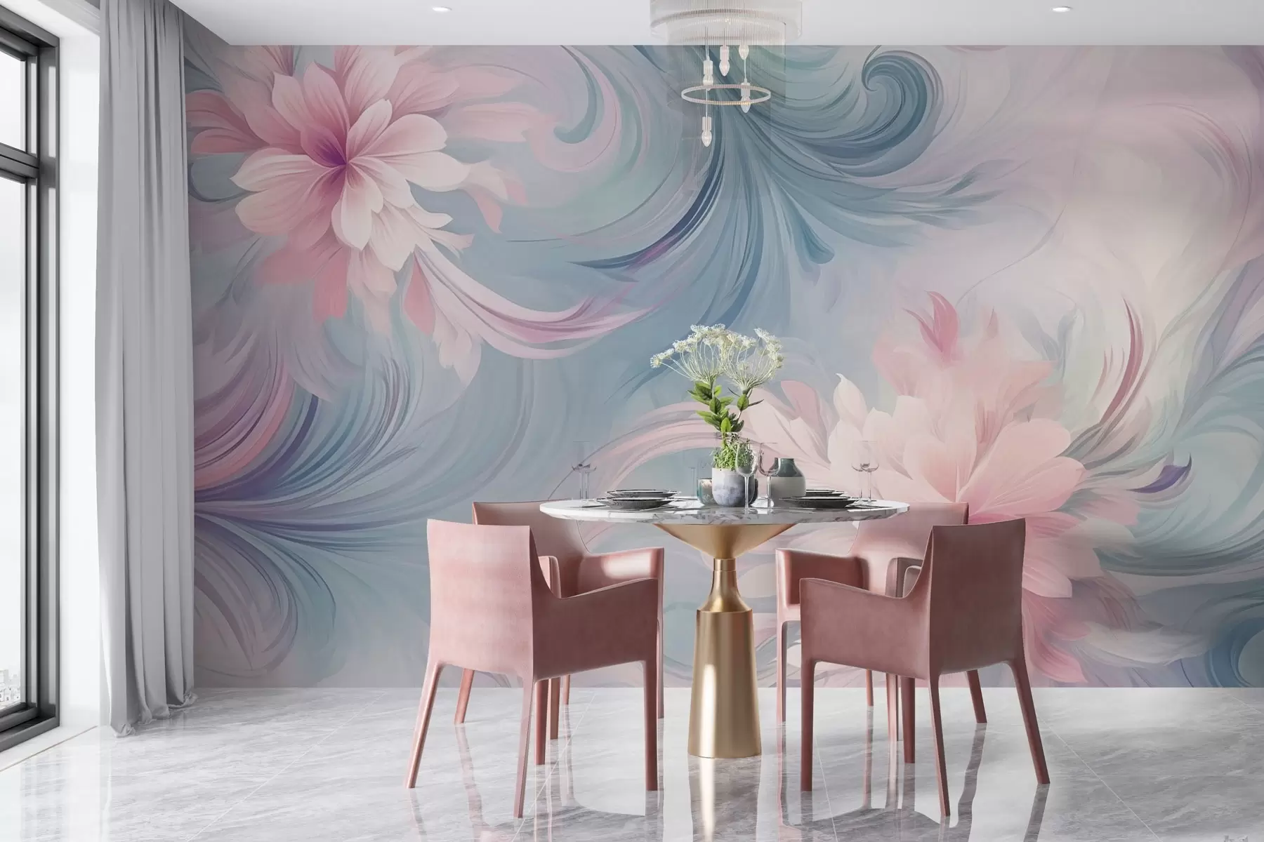 murales de pared Flores y hojas de color rosa y azul w04048