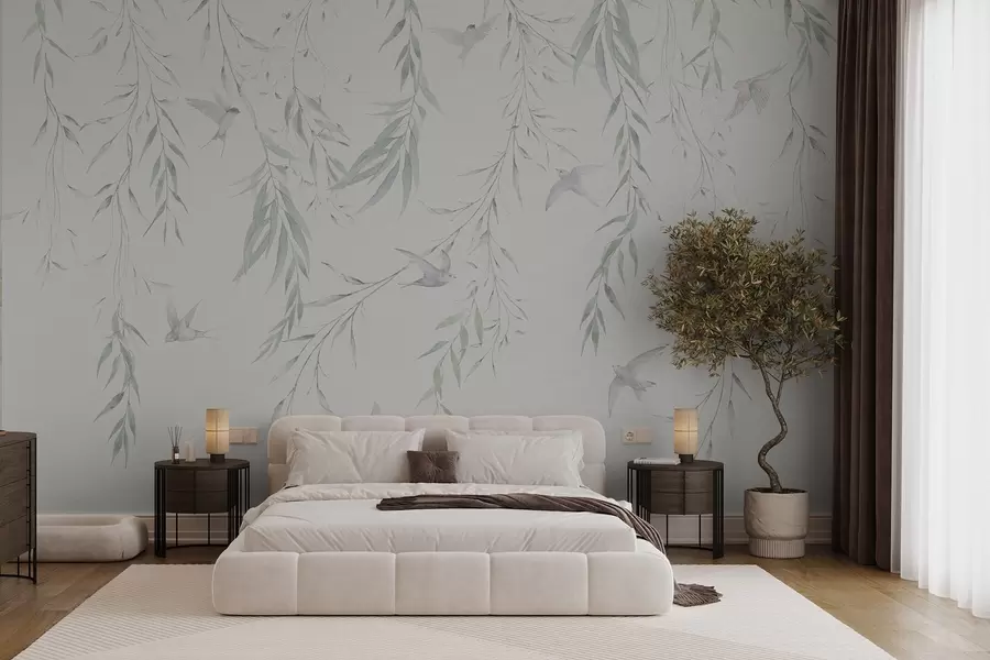 murales de pared Ramitas con hojas verdes colgando y pájaros w04052